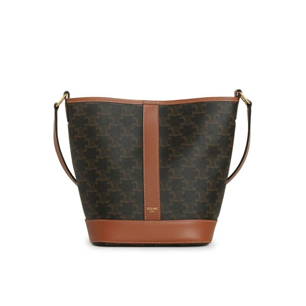 Celine Women Small Bucket Bag In Triomphe Canvas And Tan Calf Leather